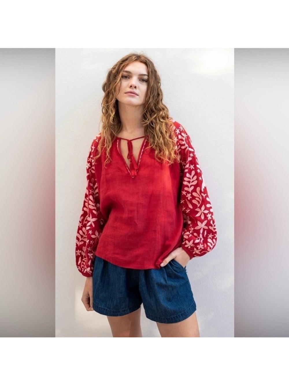 Mersea Voyager 100% Linen Floral Embroidered Tunic Top Blouse NWT